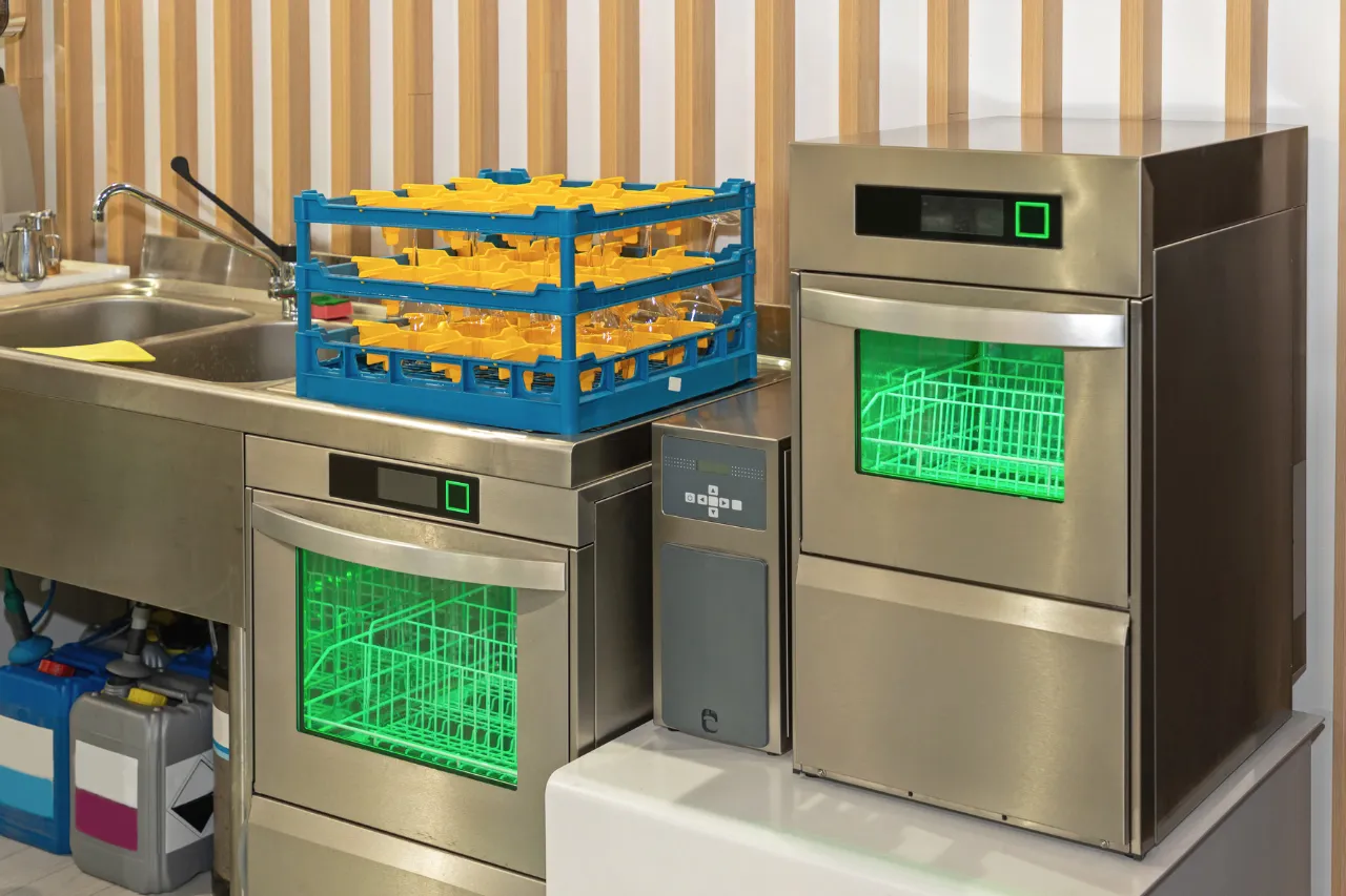 Lavastoviglie industriali con cestelli per bicchieri in cucina