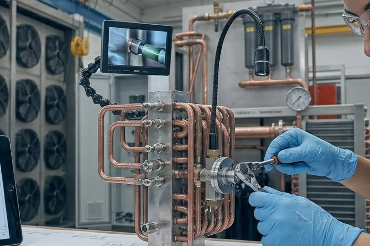 Tecnico regola scambiatore di calore in laboratorio