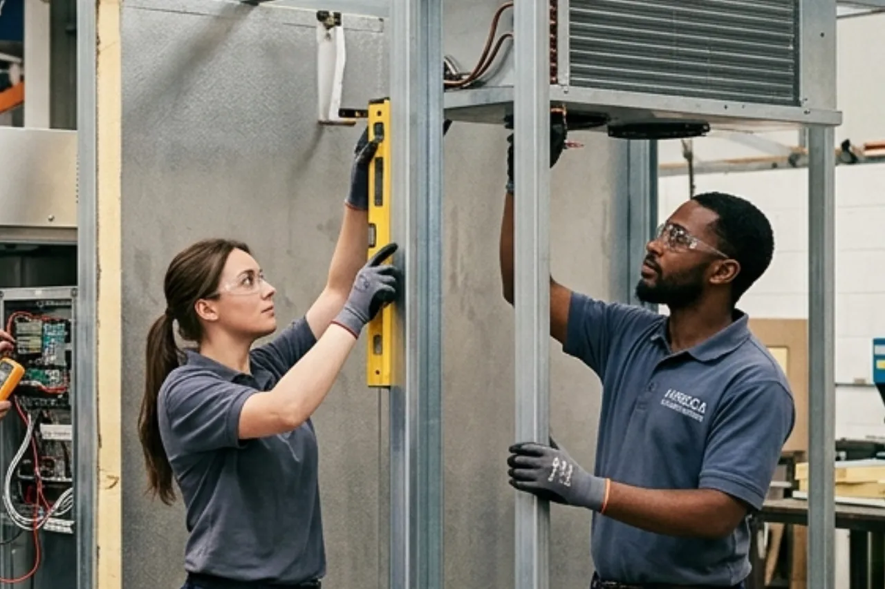 Tecnici installano unità HVAC in officina