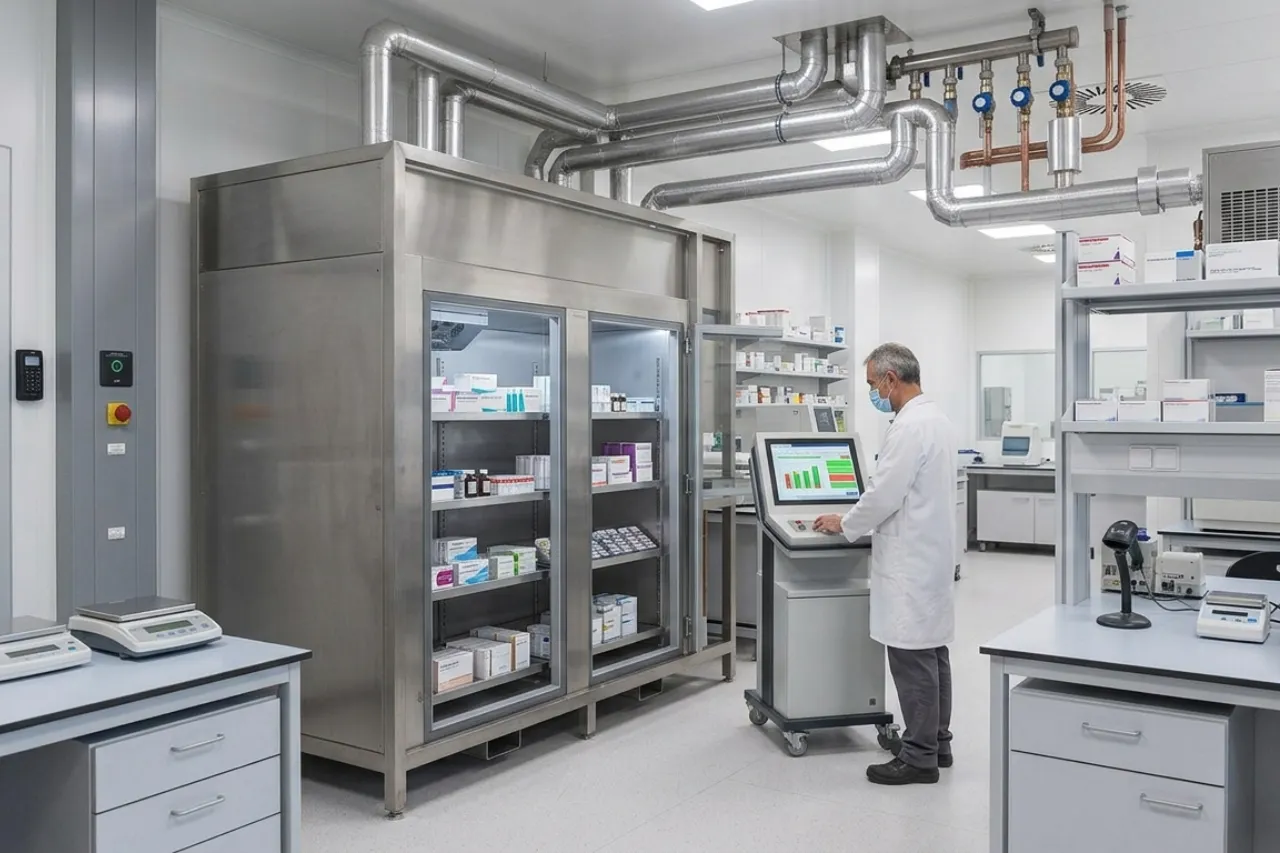 Tecnico in laboratorio con armadio refrigerato farmaci