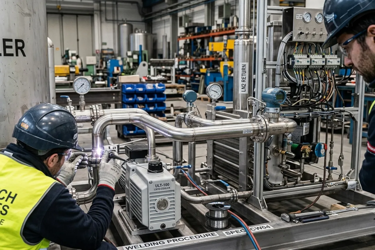Tecnici saldano tubazioni in impianto industriale
