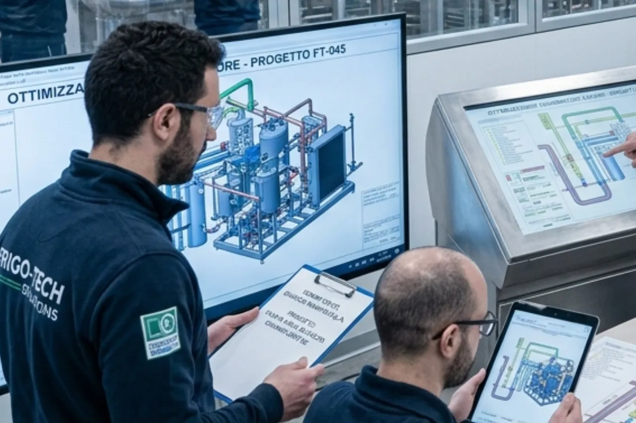 Tecnici analizzano progetto impianto industriale su schermo