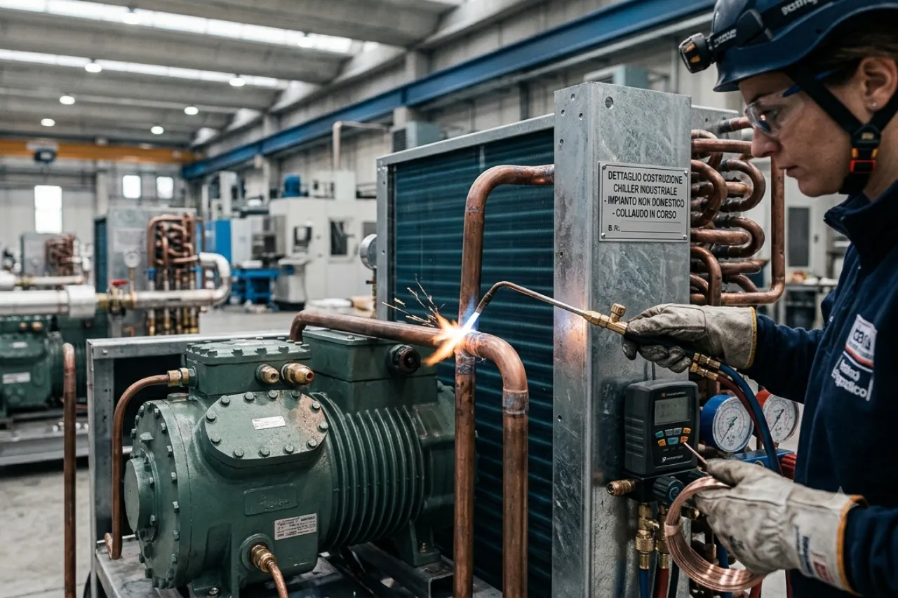 Tecnico salda tubi in rame su chiller industriale