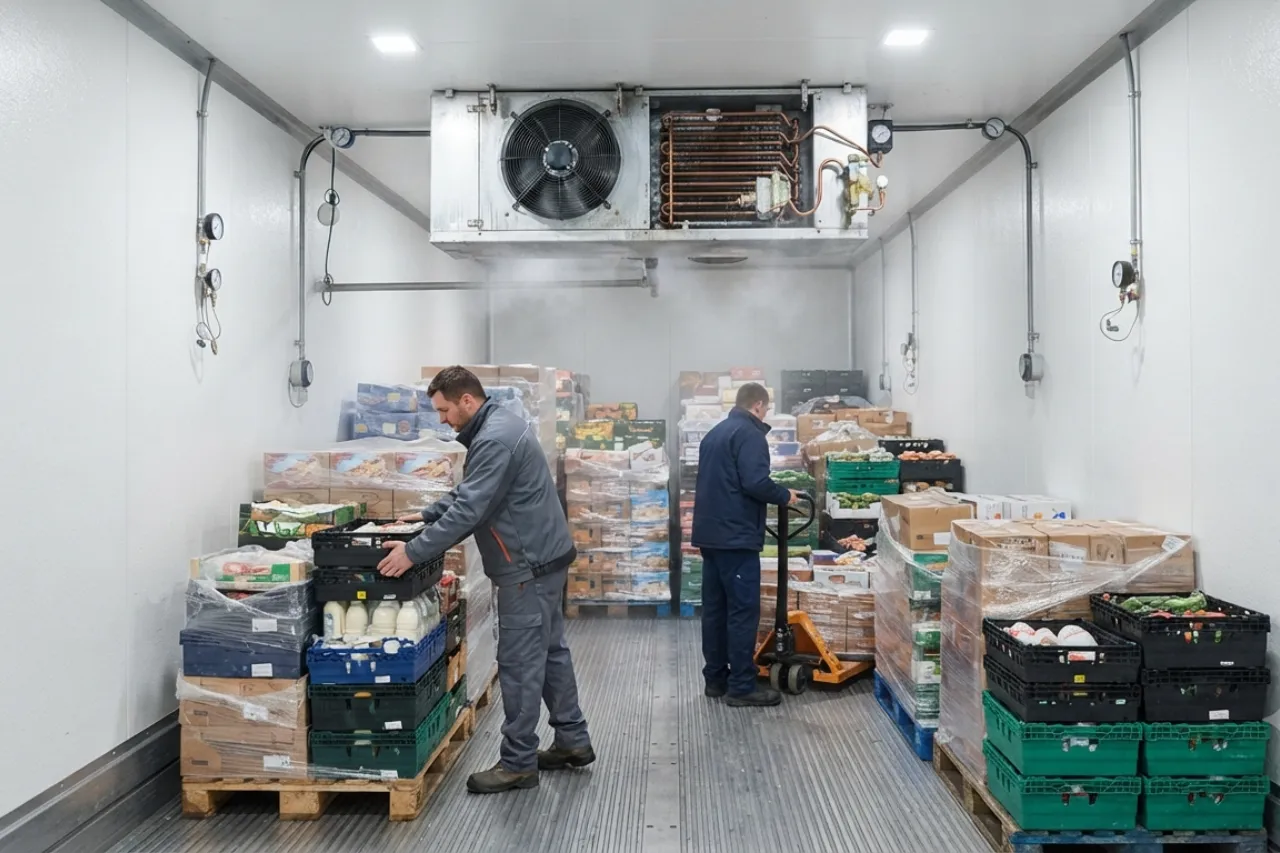 Magazzino frigorifero con operai e casse alimentari