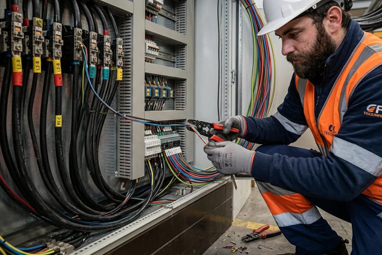 Elettricista lavora su quadro elettrico industriale