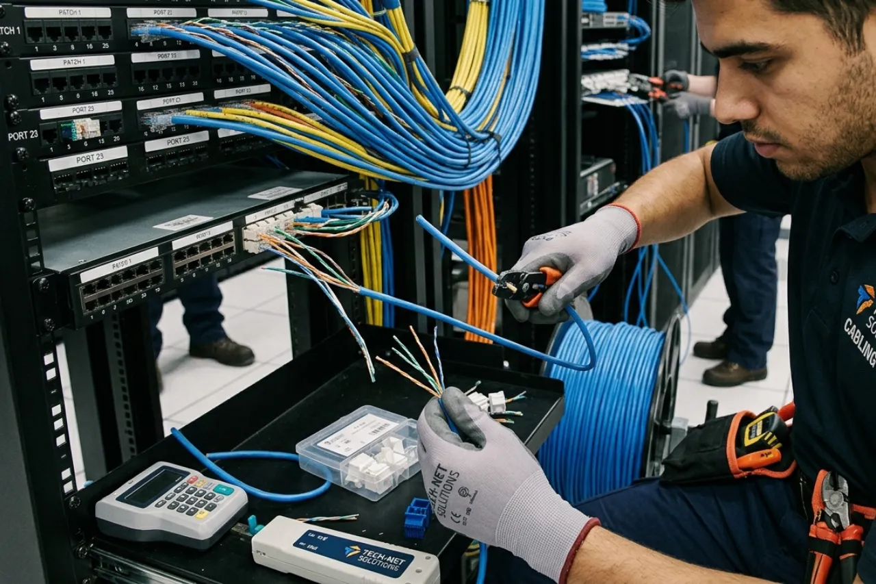 Tecnico installa cavi di rete in server rack