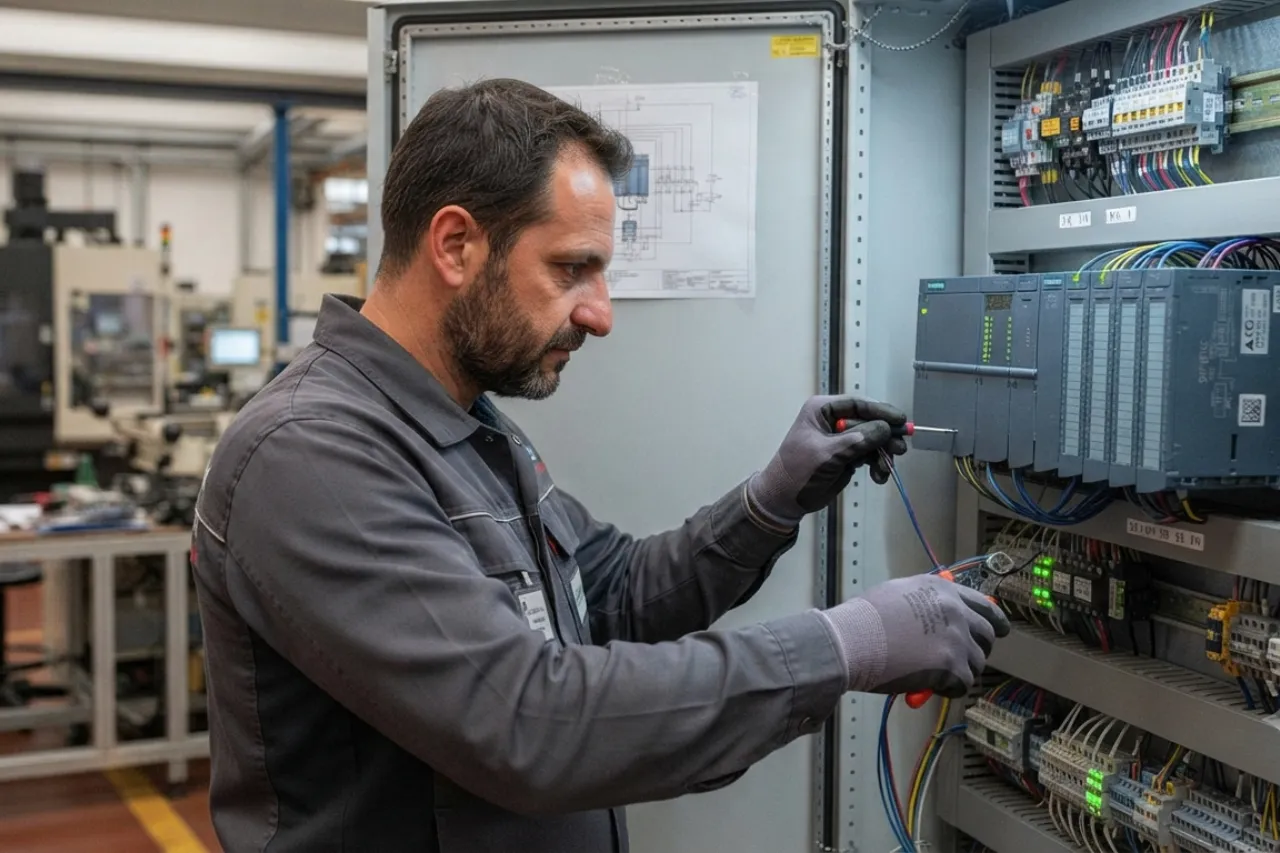 Tecnico al lavoro su quadro elettrico industriale