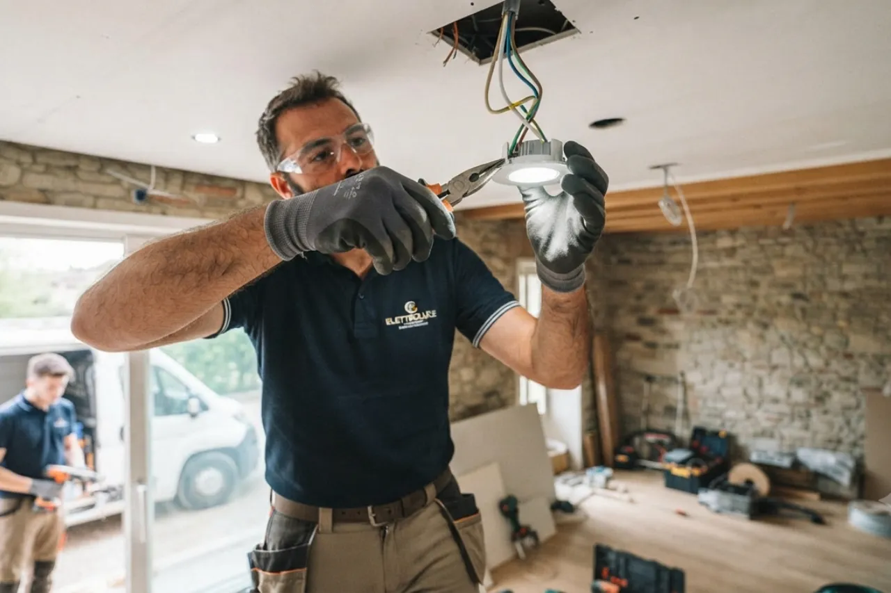 Elettricista installa faretto LED a soffitto