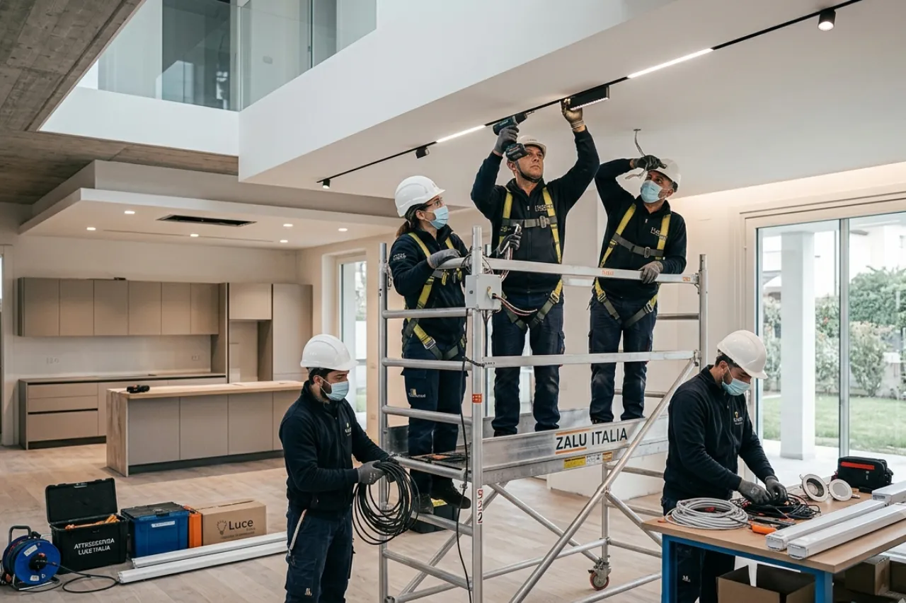 Tecnici installano illuminazione su soffitto moderno interno