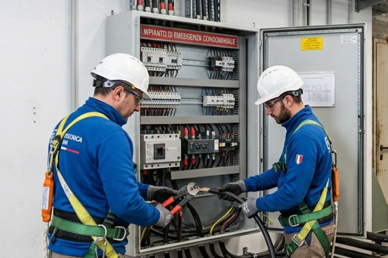 Tecnici lavorano su quadro elettrico condominiale