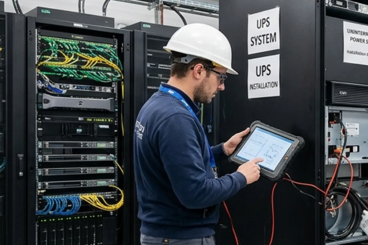 Tecnico verifica sistema UPS in sala server