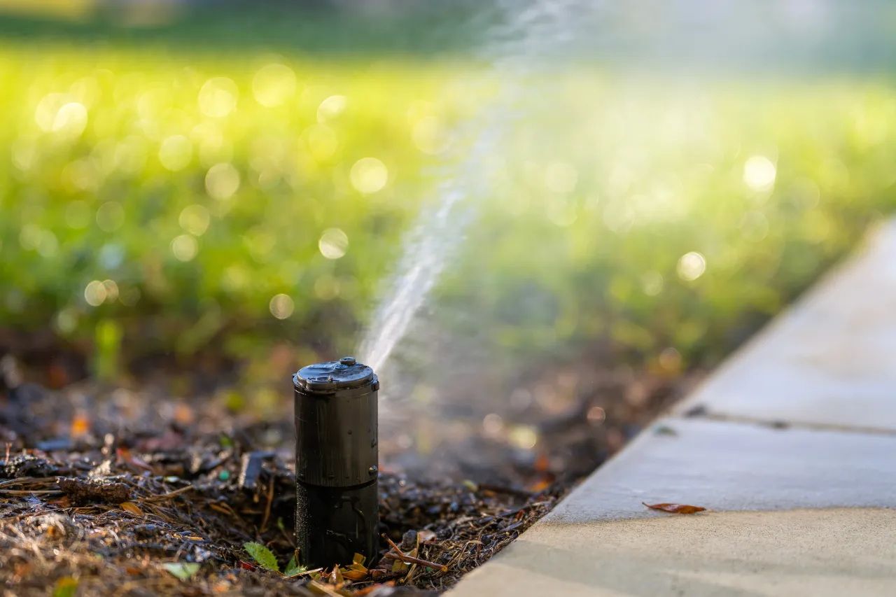 Irrigatore automatico nebulizza acqua accanto a un vialetto