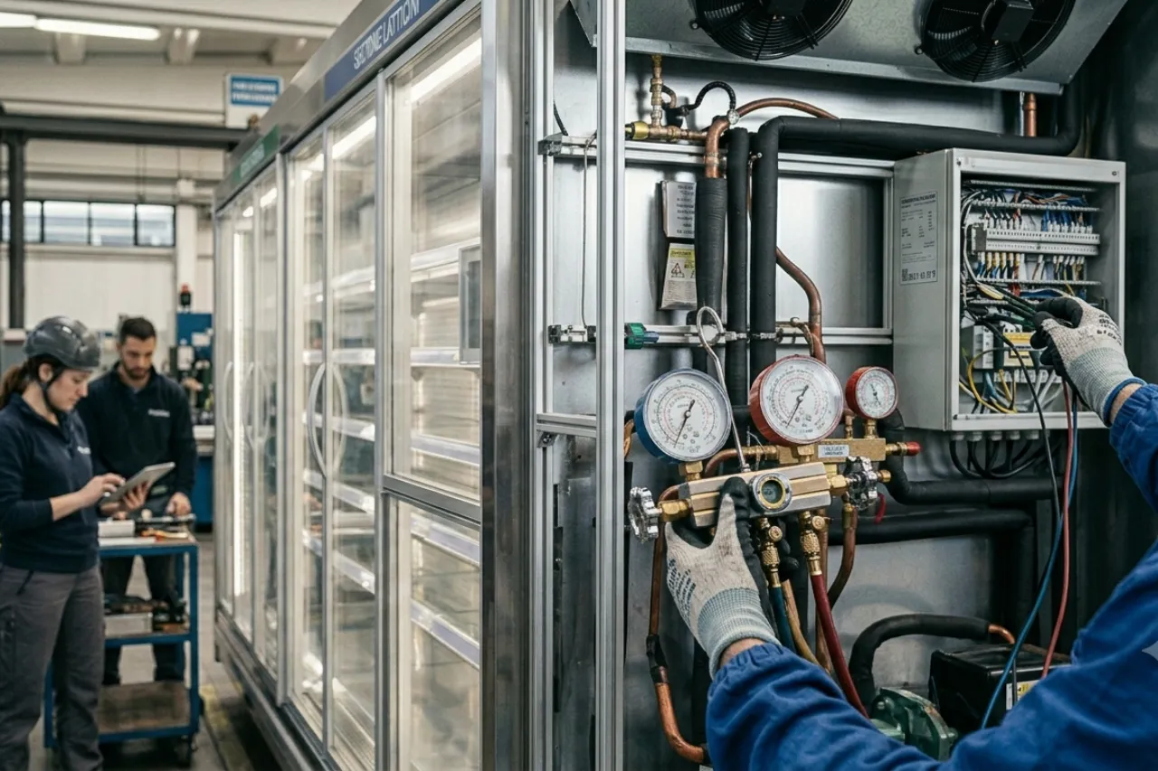 Tecnico controlla manometri impianto refrigerazione industriale