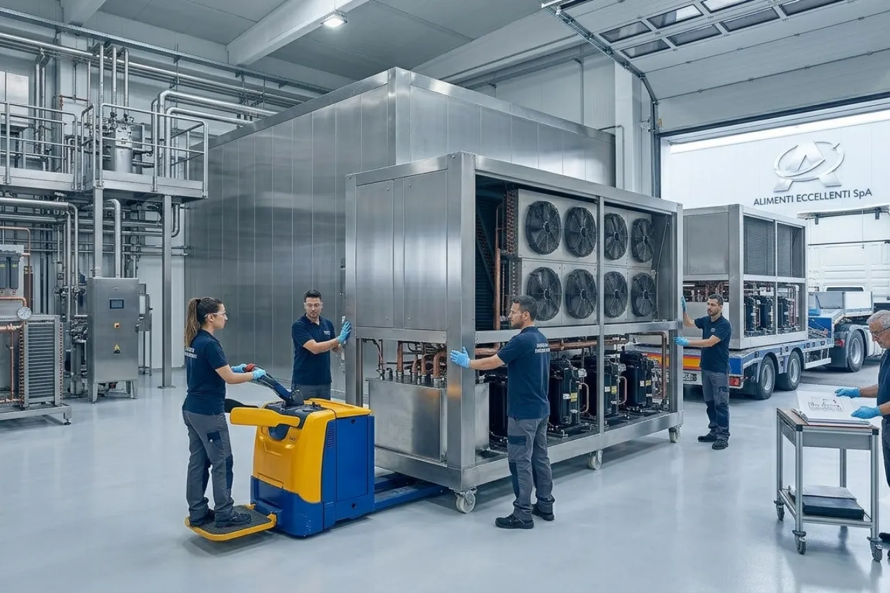Tecnici movimentano grande impianto industriale in fabbrica