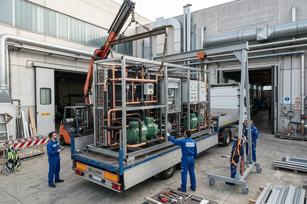 Operai caricano impianto industriale su camion con gru