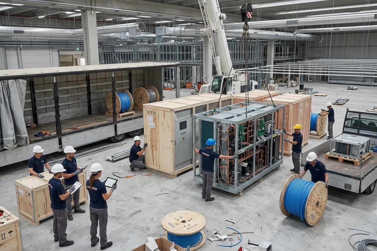 Operai assemblano macchinario industriale in capannone