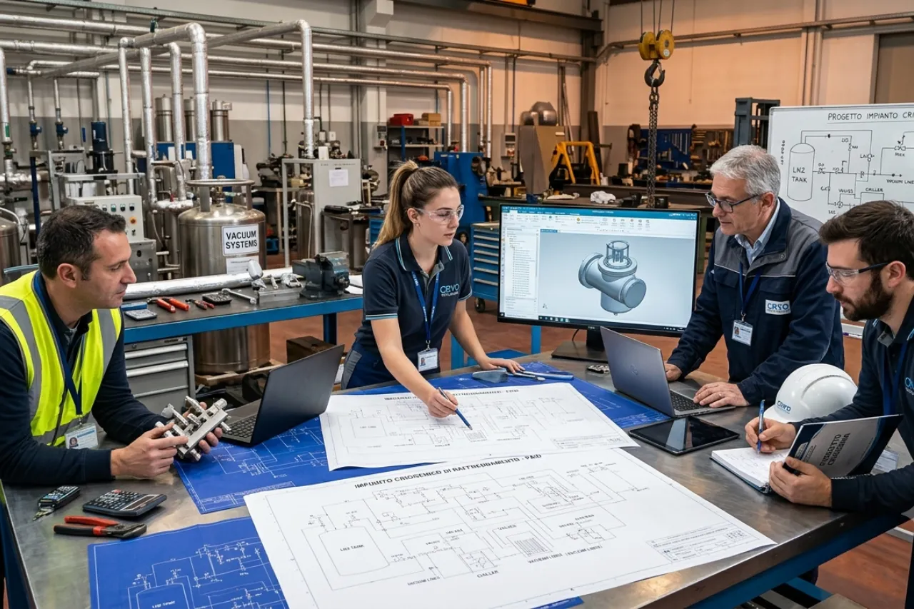 Ingegneri analizzano progetti in officina industriale