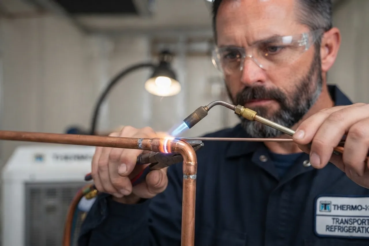 Tecnico salda tubi di rame con cannello