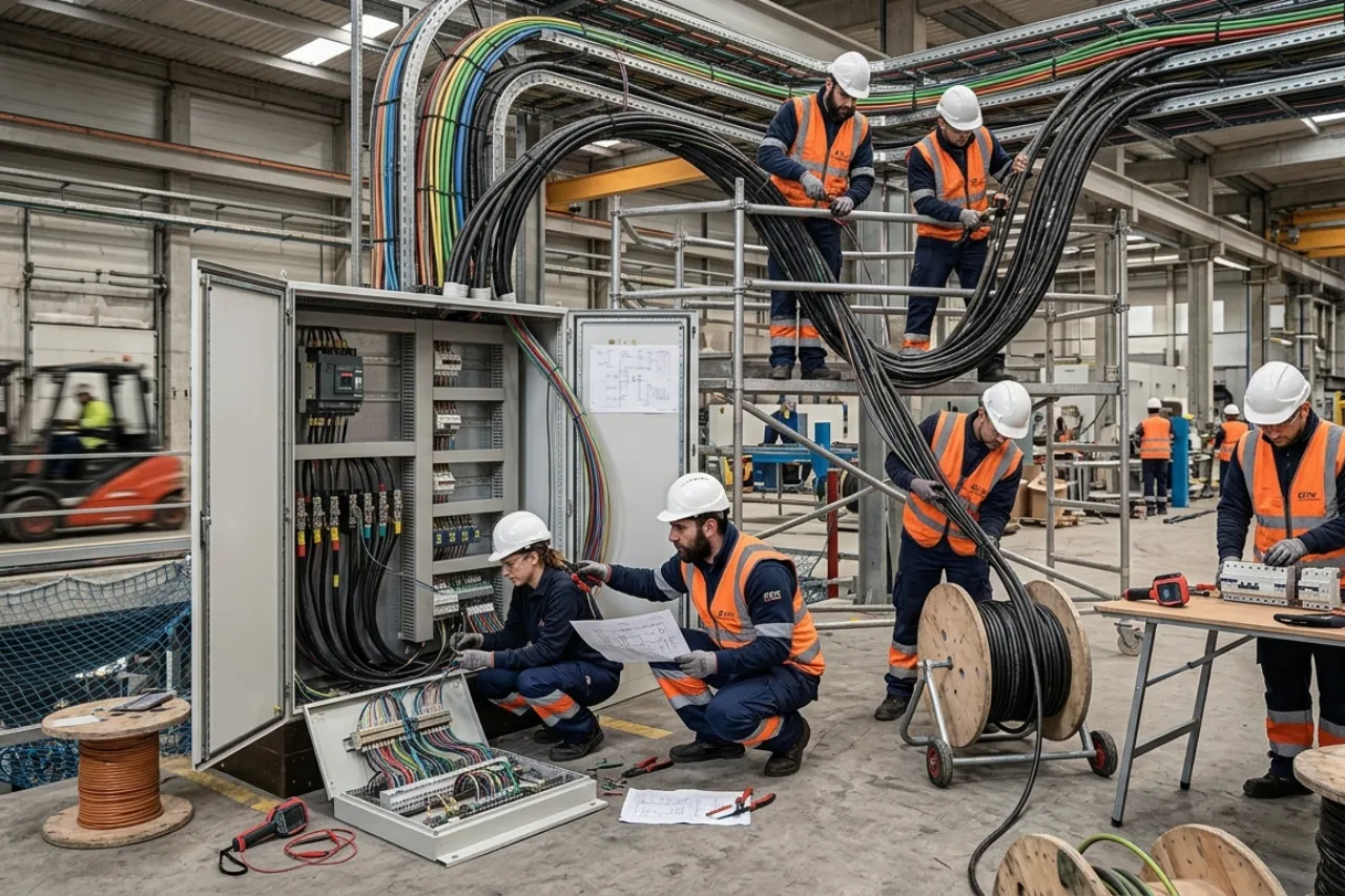 Tecnici installano cavi elettrici in stabilimento industriale
