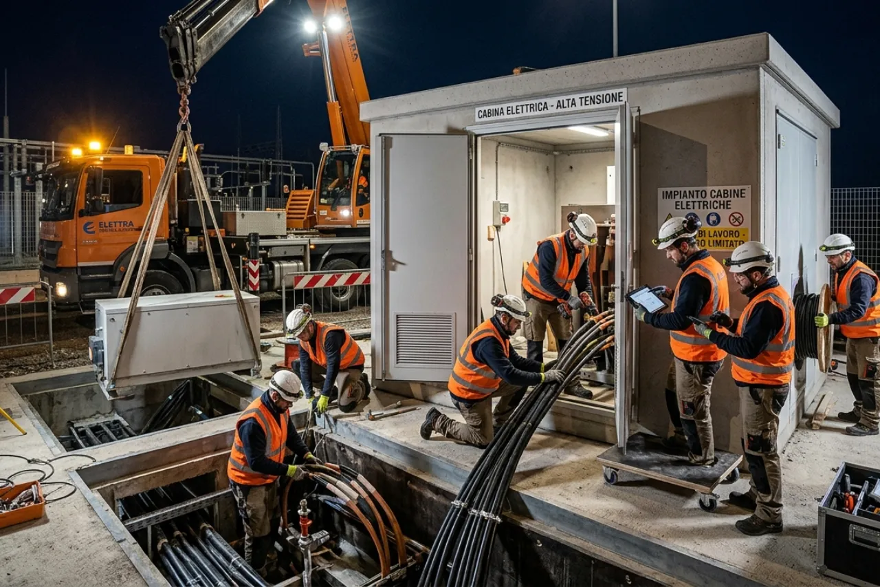 Tecnici installano cabina elettrica ad alta tensione