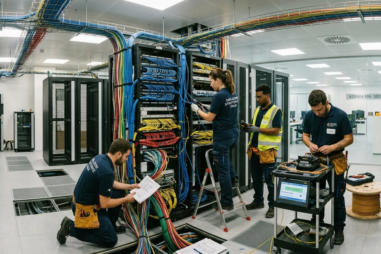 Tecnici lavorano su rack di rete in data center