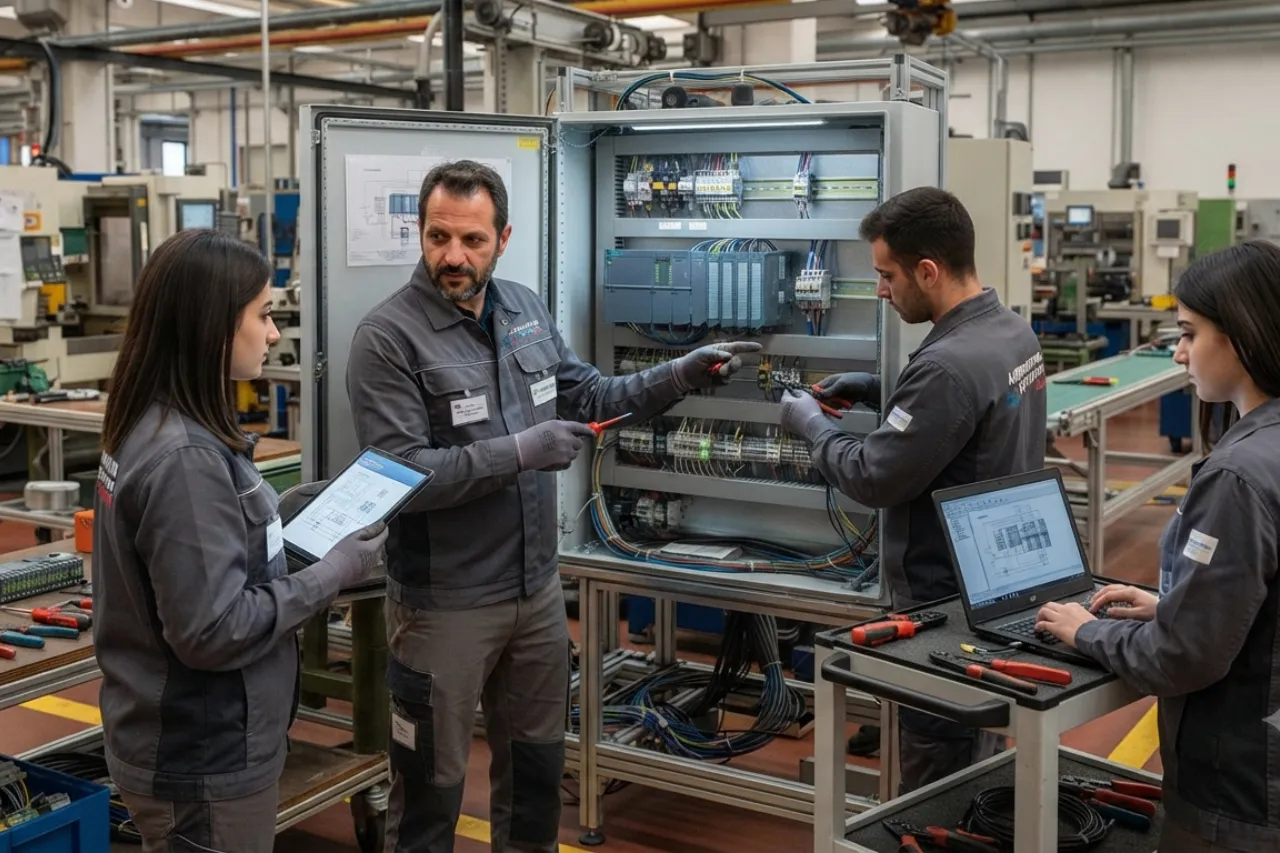 Tecnici lavorano su quadro elettrico industriale