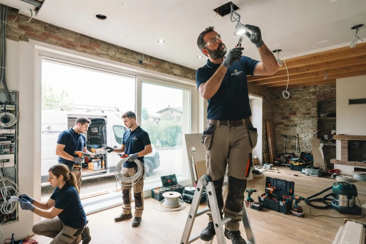 Elettricisti installano impianto elettrico in casa moderna