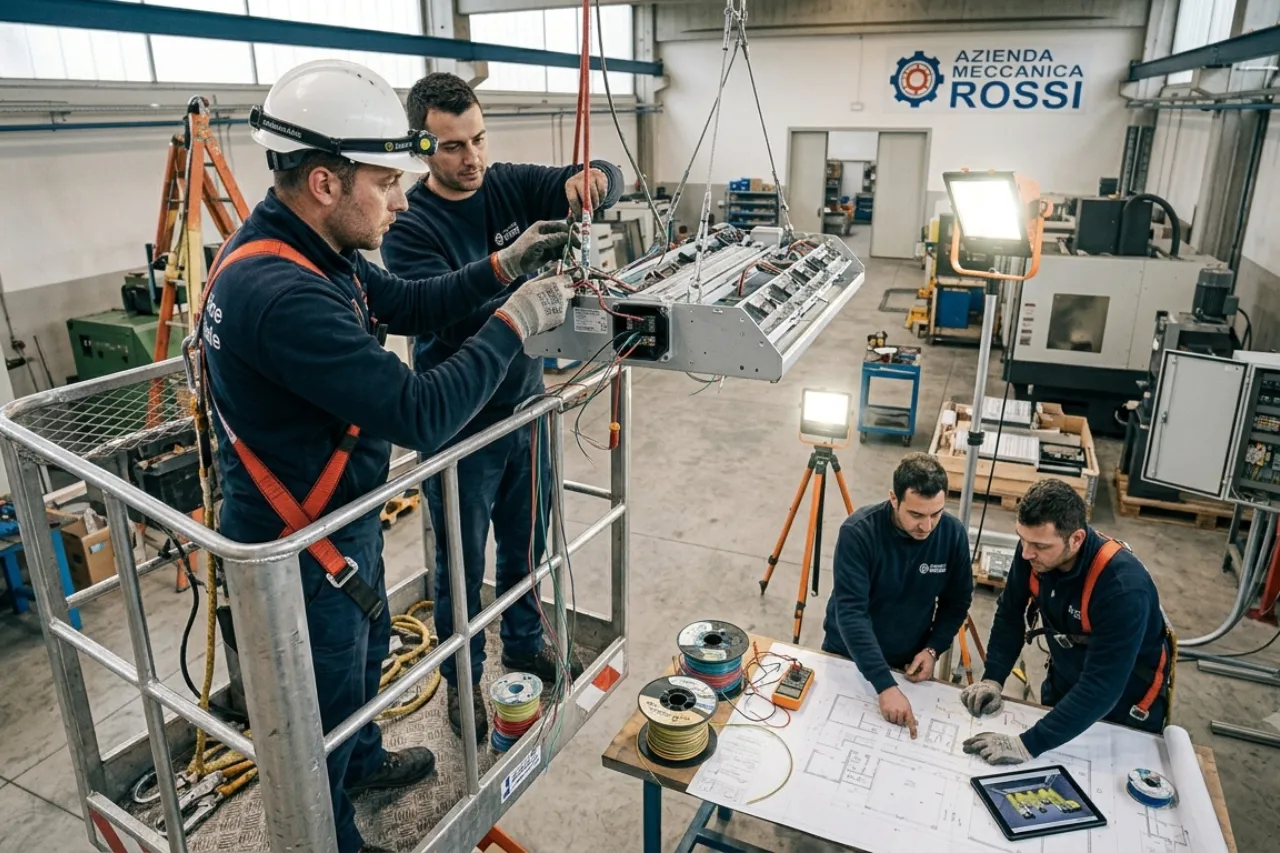 Tecnici installano impianto elettrico in officina meccanica