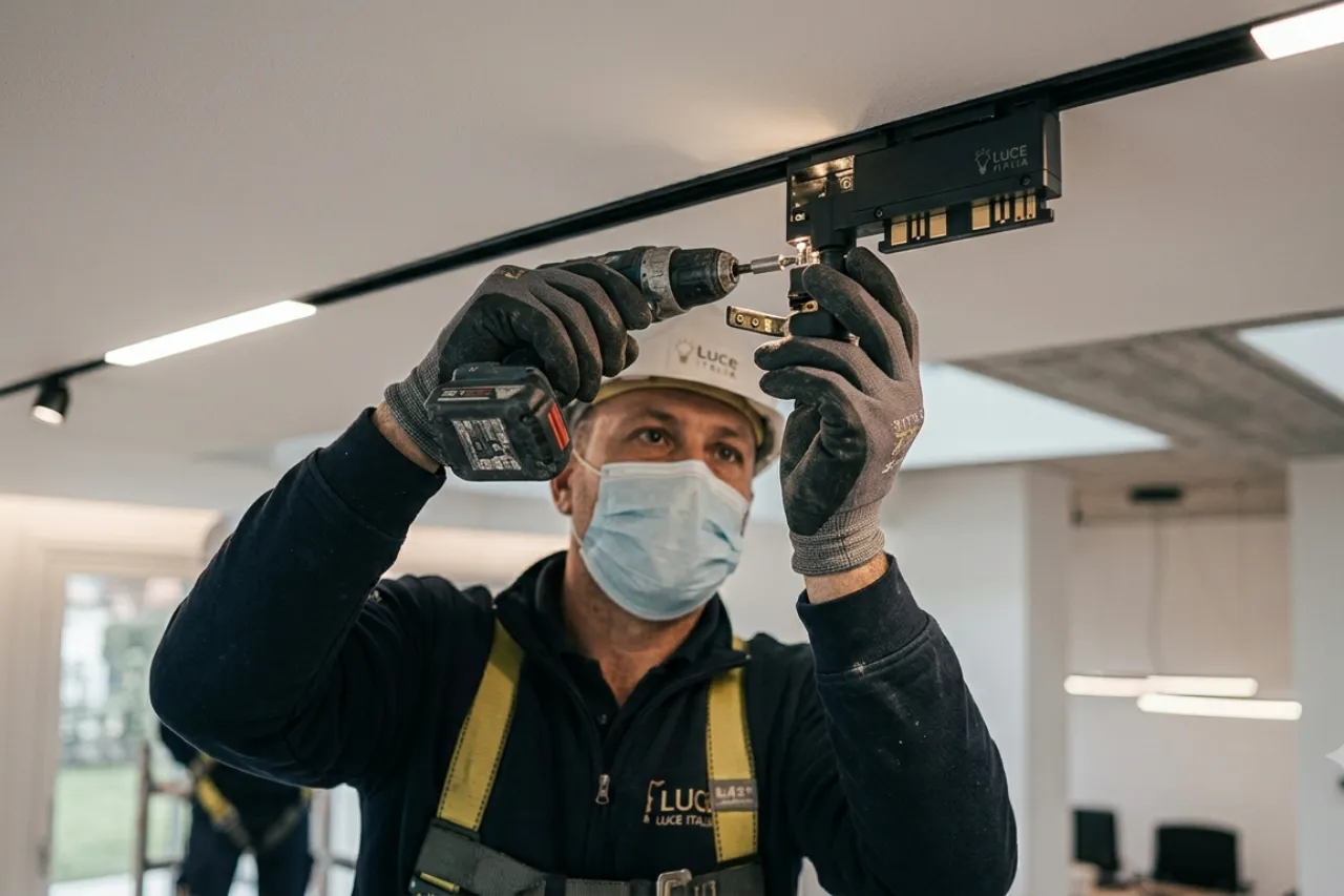 Tecnico installa faretto su binario a soffitto