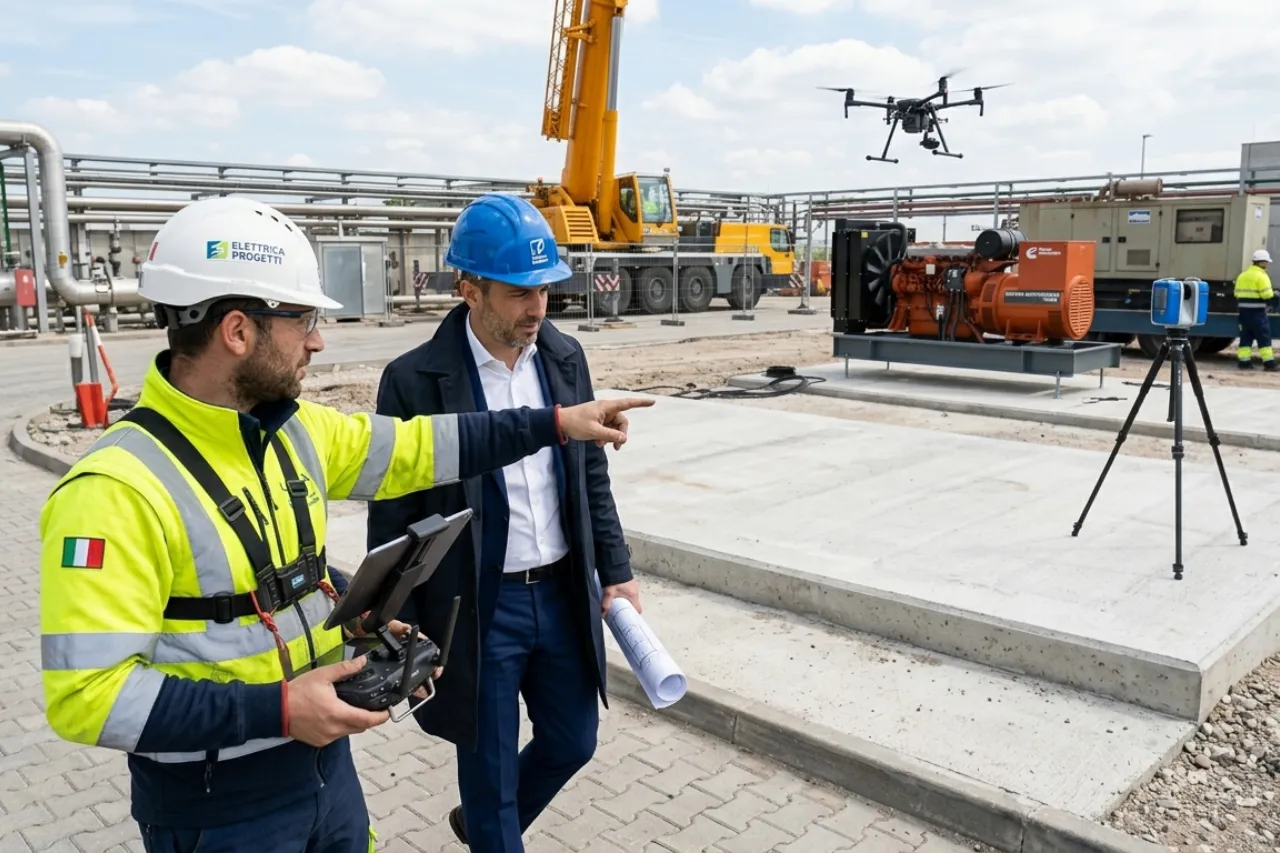 Tecnici in cantiere industriale con drone in volo
