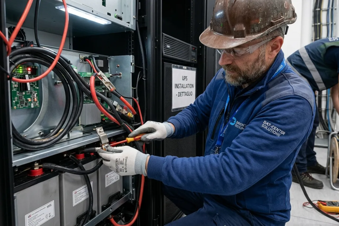 Tecnico installa sistema UPS in sala server