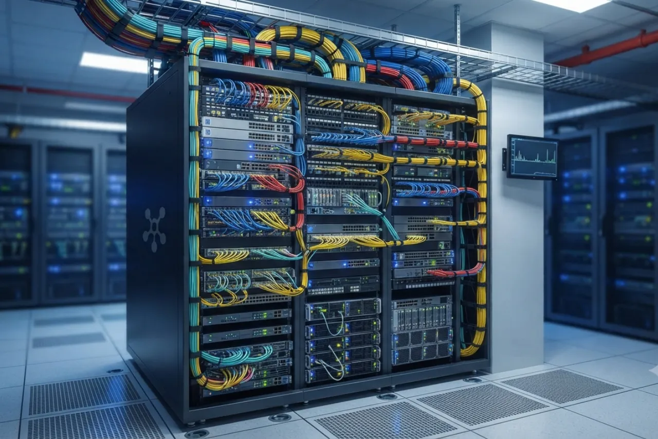Rack server in data center con cavi colorati