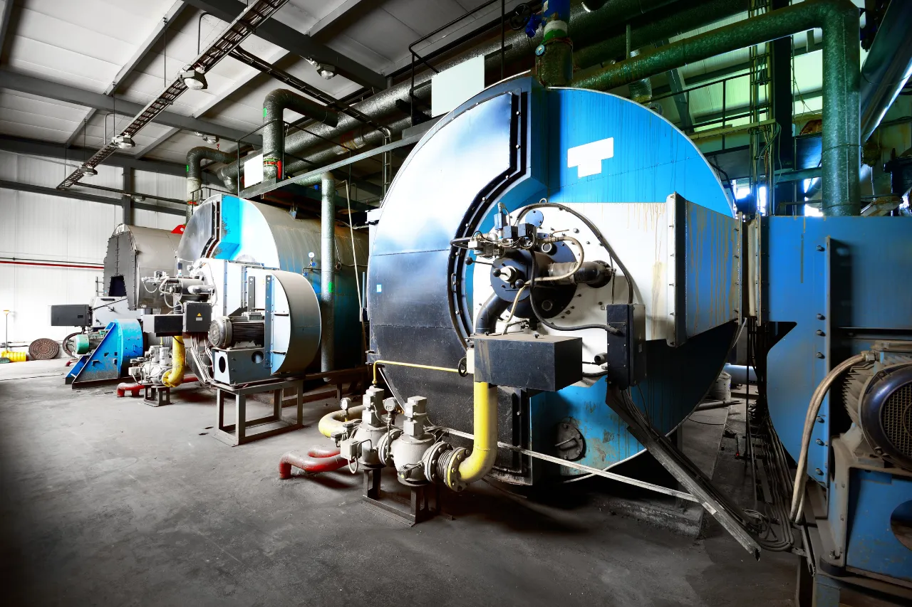 Caldaie industriali blu in un impianto produttivo
