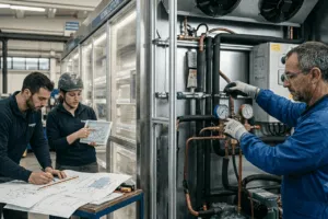 Tecnici lavorano su impianto di refrigerazione industriale