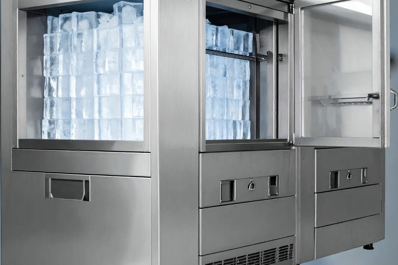 Macchine industriali per ghiaccio con sportello aperto
