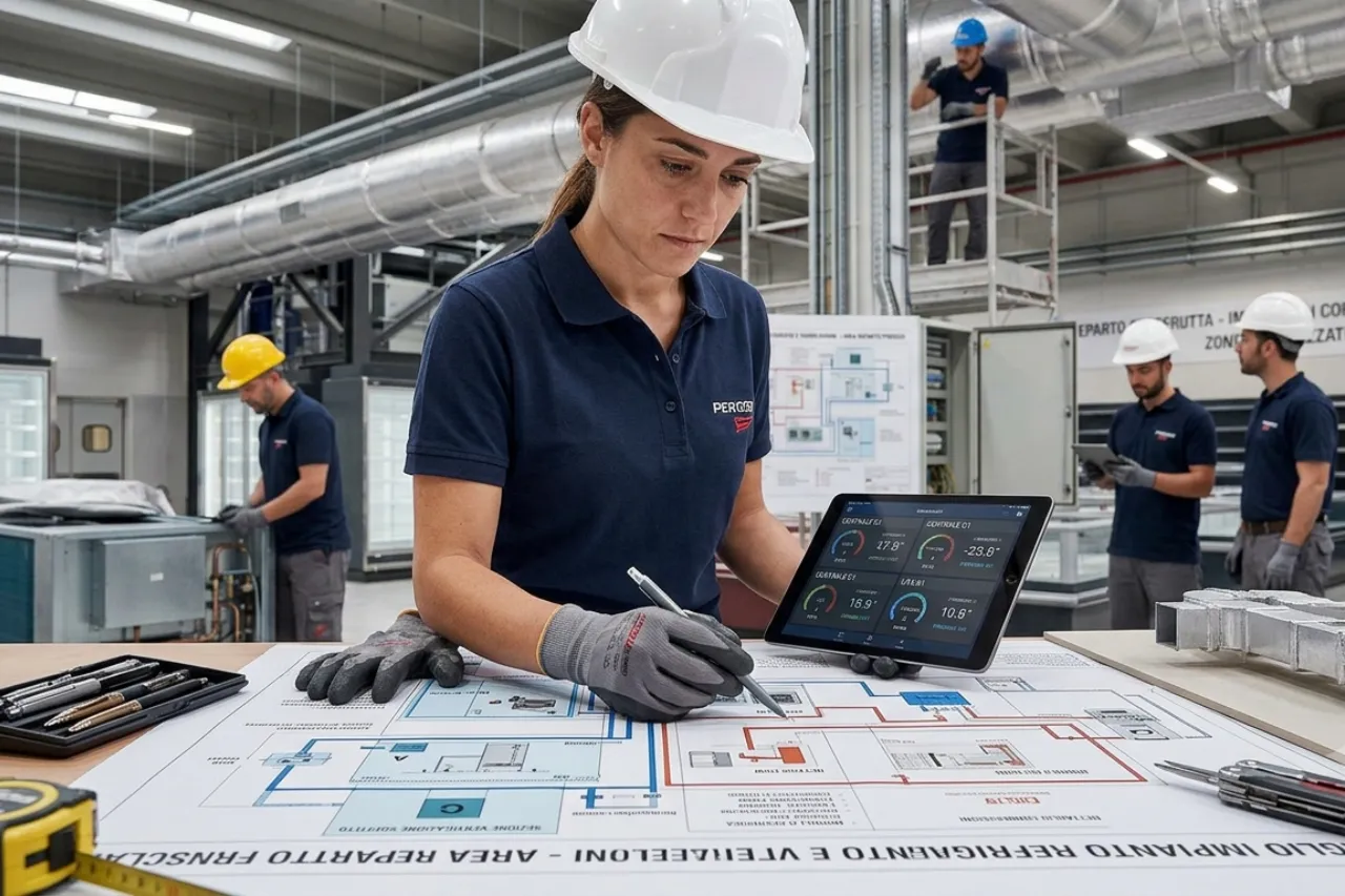 Ingegnere con casco analizza progetto industriale su tablet