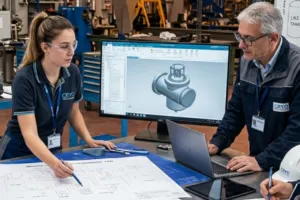 Ingegneri analizzano progetto tecnico in officina