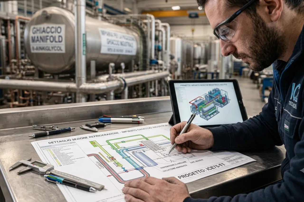 Ingegnere analizza schema impianto refrigerazione industriale