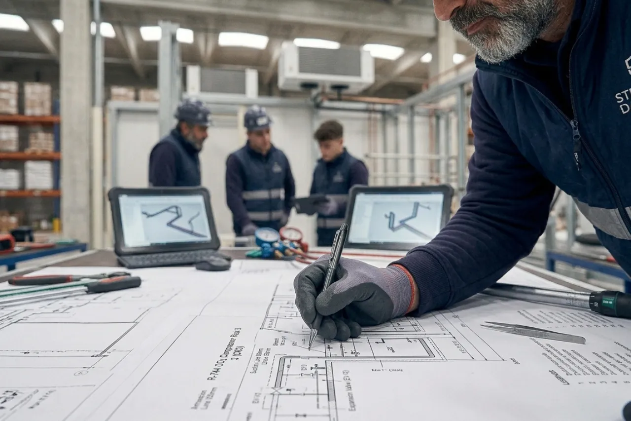 Ingegnere disegna progetto tecnico in officina industriale