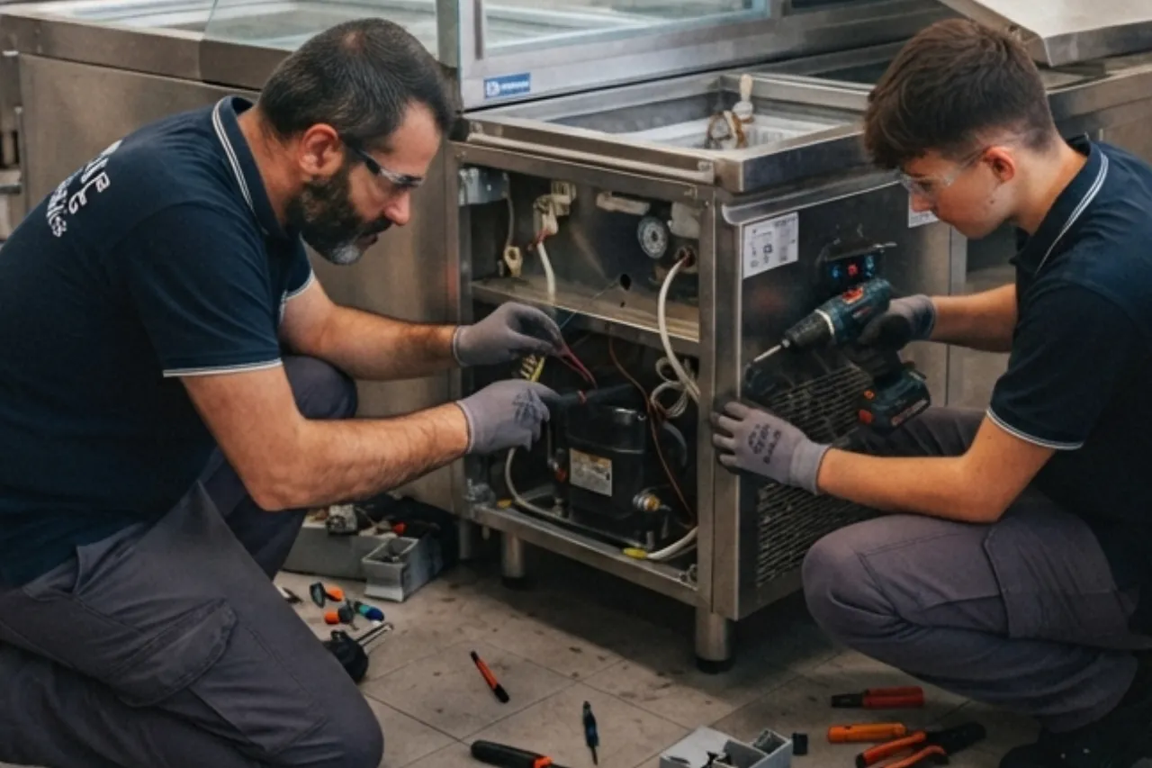 Tecnici riparano frigorifero industriale in laboratorio