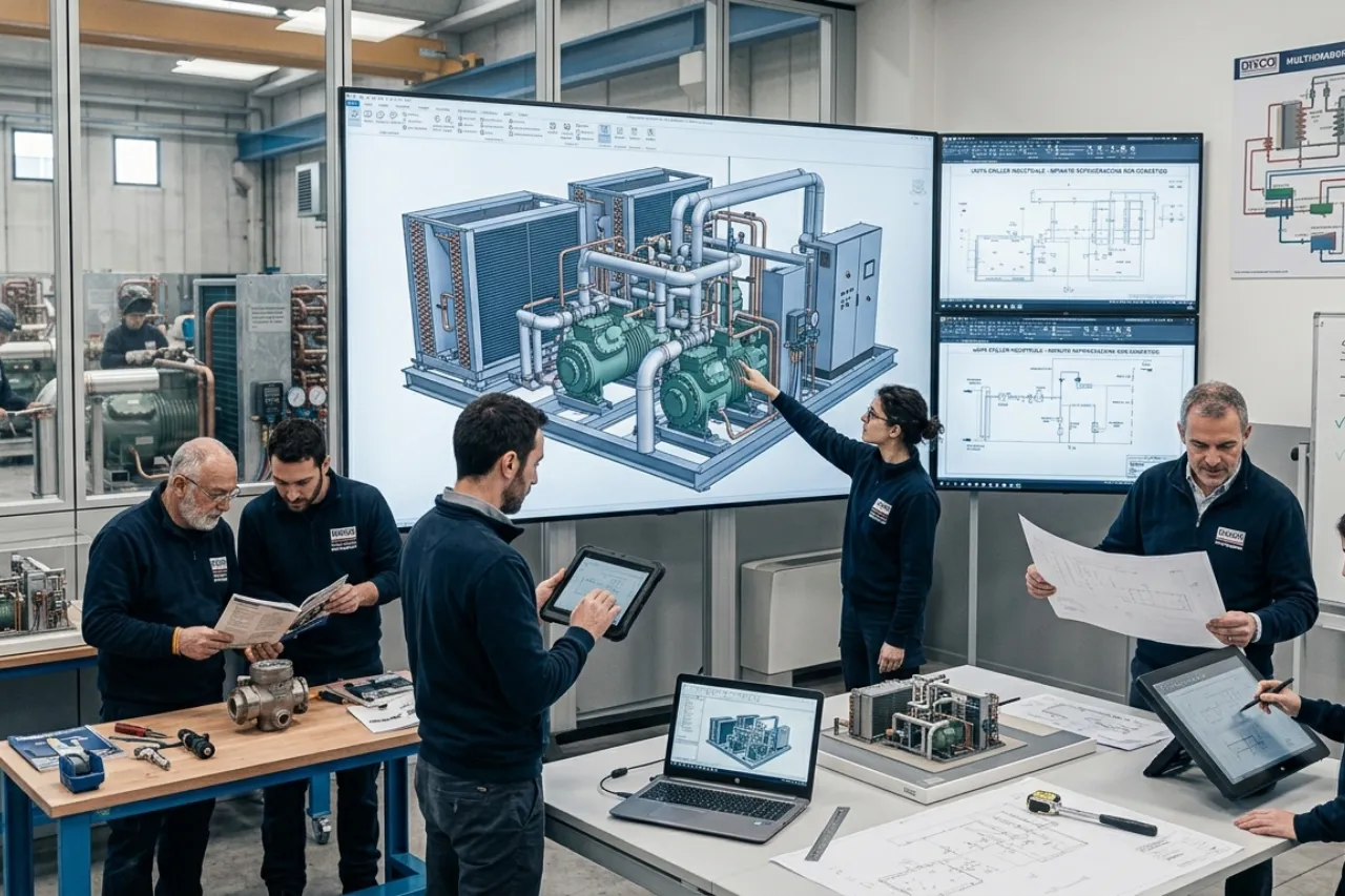 Ingegneri analizzano impianto industriale su schermo digitale