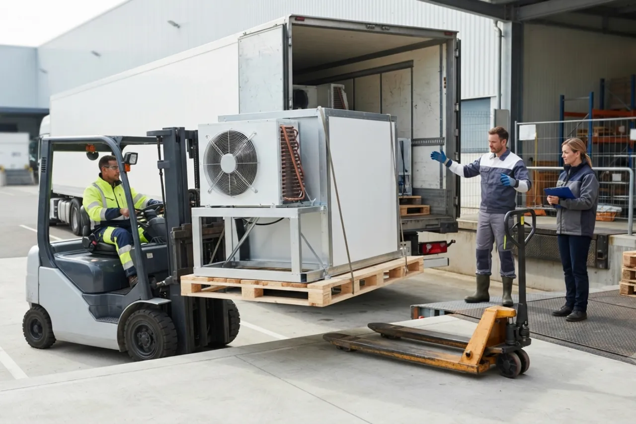 Carrello elevatore carica macchinario industriale su camion