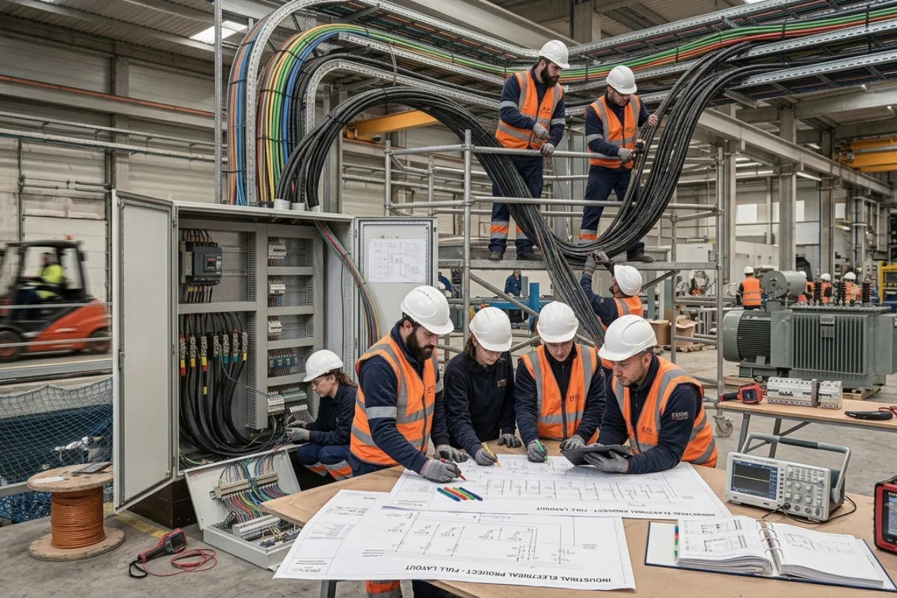 Tecnici installano cavi elettrici in stabilimento industriale