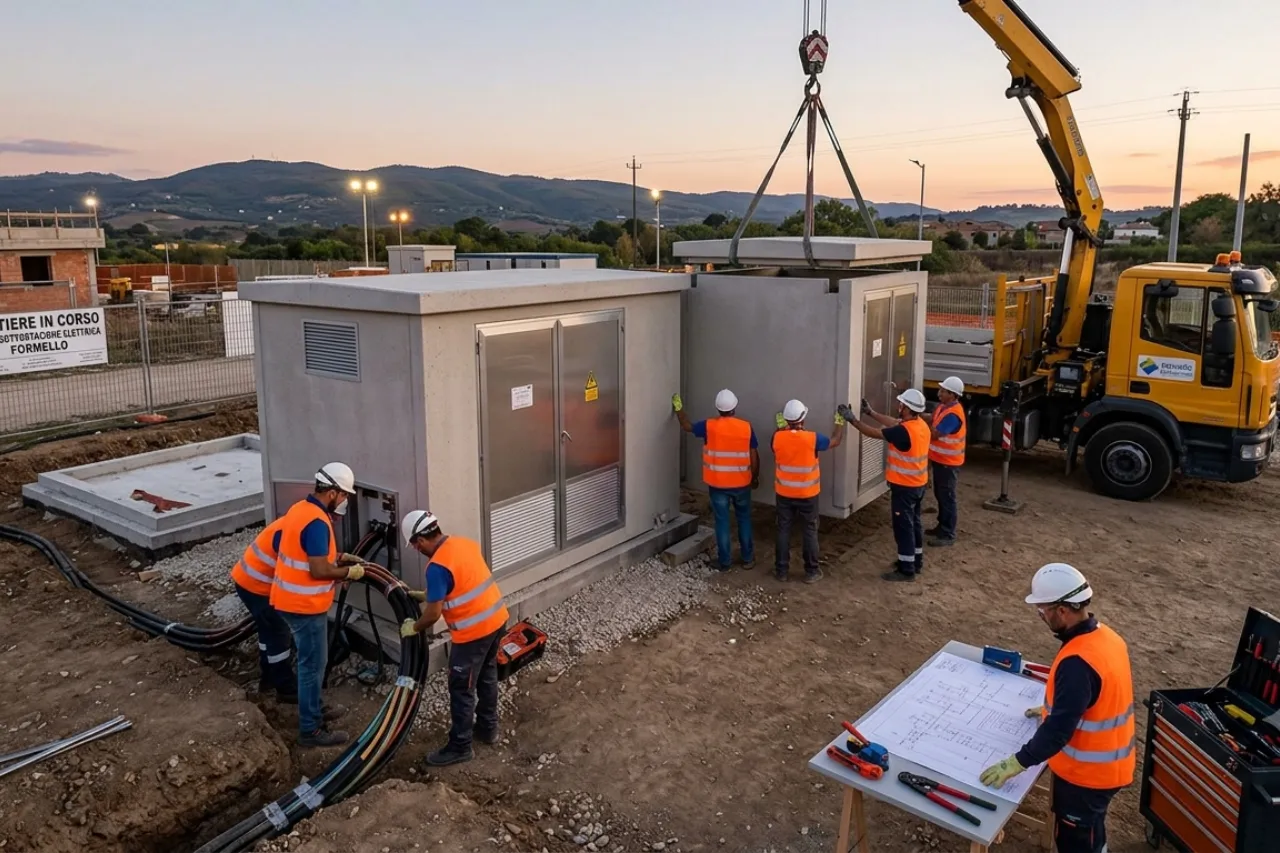 Installazione cabina elettrica con gru al tramonto