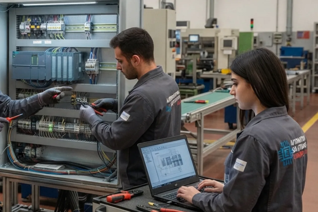 Tecnici lavorano su quadro elettrico industriale