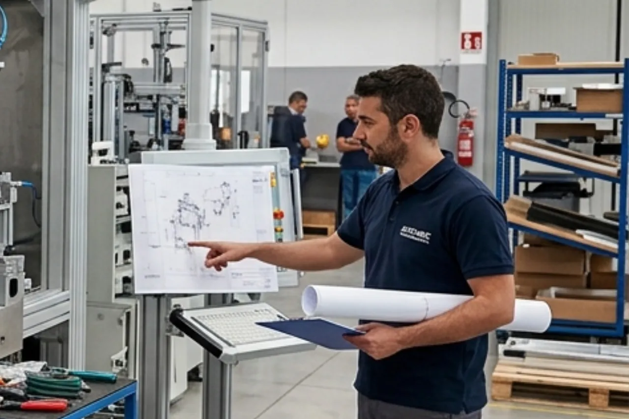 Ingegnere in fabbrica indica disegno tecnico su monitor