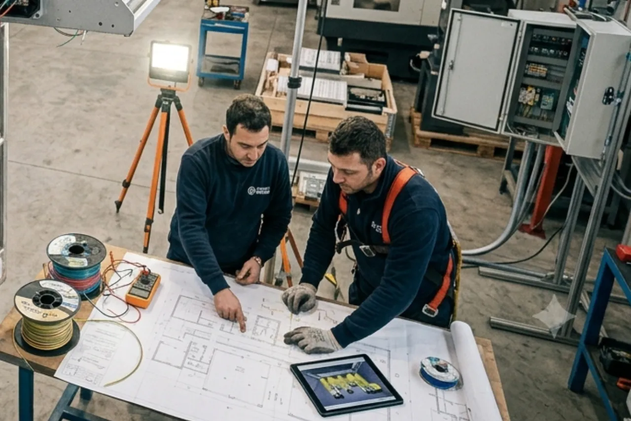 Tecnici esaminano progetto elettrico in officina industriale