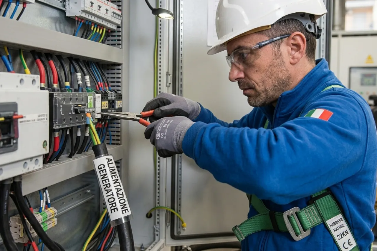 Elettricista lavora su quadro elettrico industriale