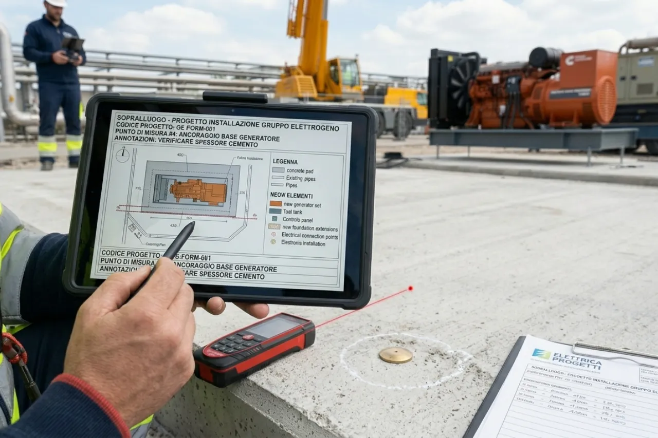 Tecnico controlla progetto generatore su tablet