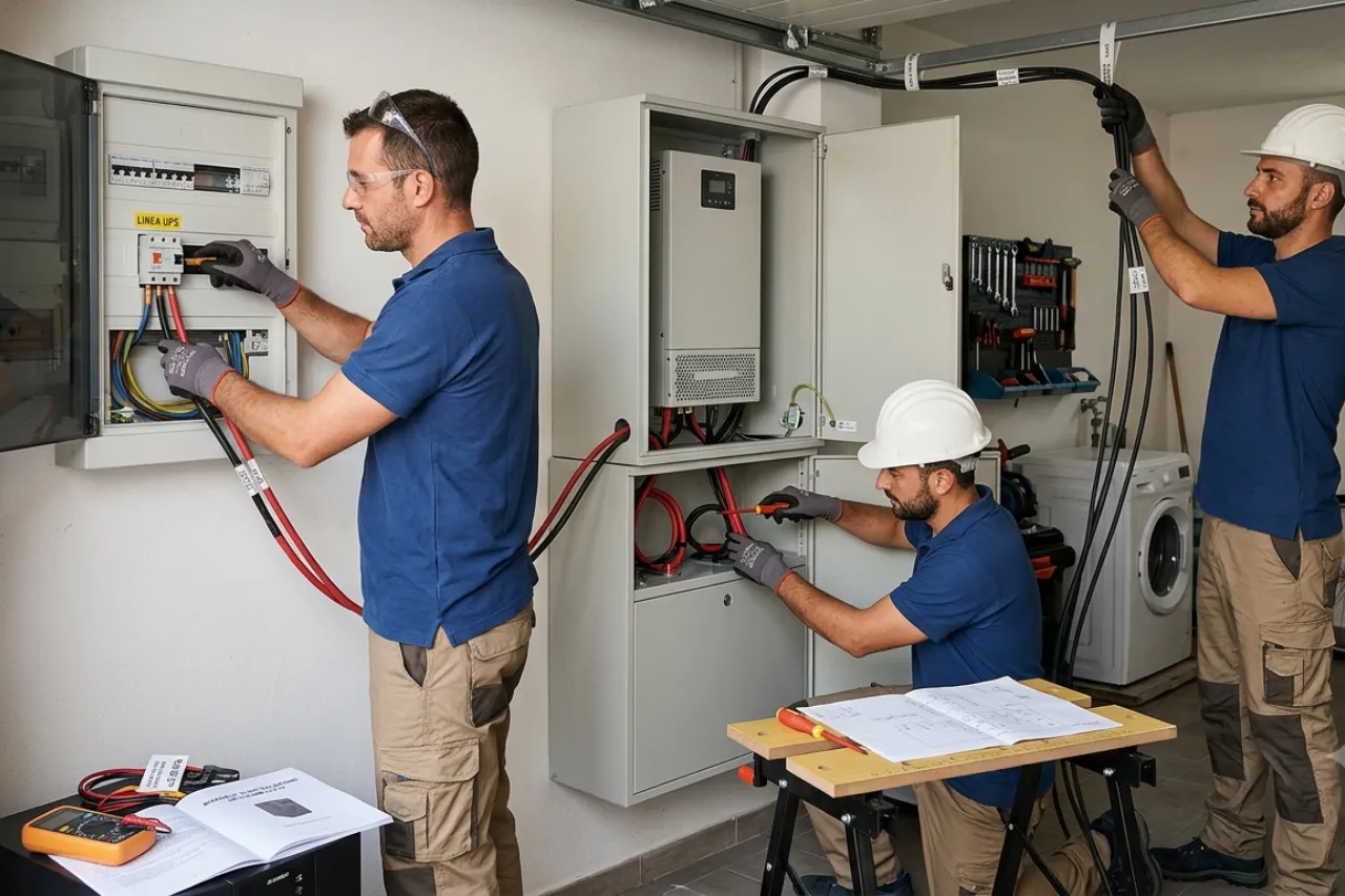 Tecnici installano quadro elettrico e cablaggi